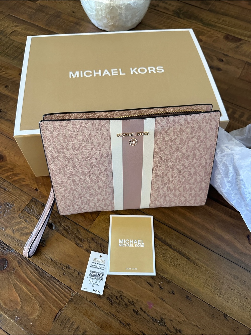 Michael Kors Medium Logo Stripe Zip Pouch in Rose Multi